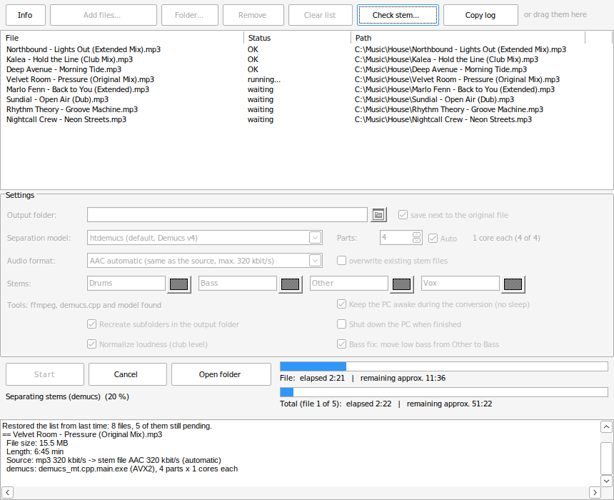 StemMaker main window with a list of MP3 files being converted into Traktor stem files