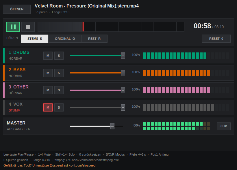 StemPlayer add-on in a dark Traktor style with mute, solo and volume controls for drums, bass, other and vocals